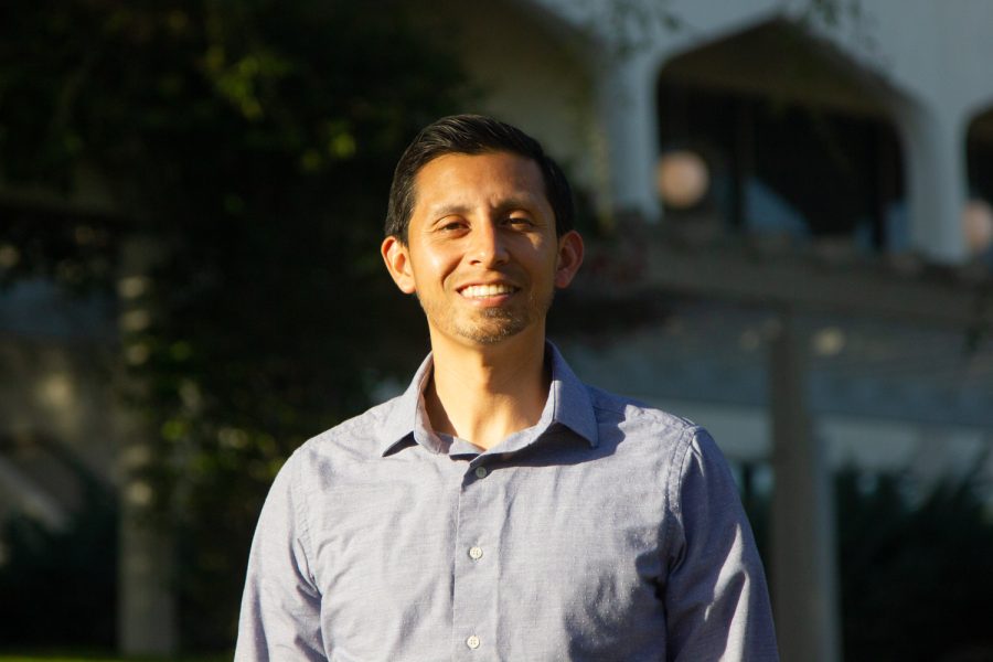 Sergio Lagunas stands in front of the Student Services building on Feb. 2, 2023 at City College, in Santa Barbara, Calif. Lagunas is the new Raíces program coordinator at City College.