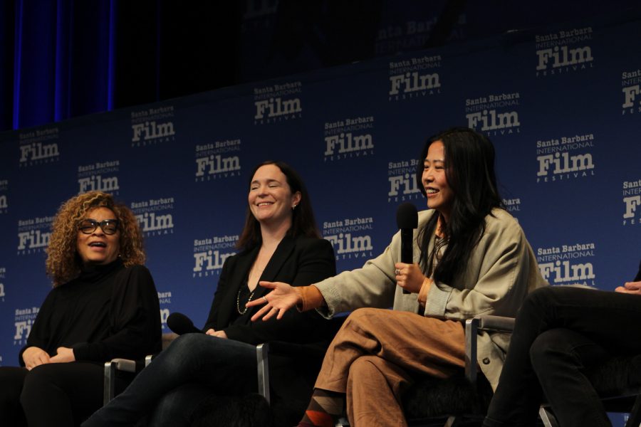 Director of ‘Turning Red’ and ‘Boa’ (far right) Domee Shi cracks a joke that has the other panelists from left to right Ruth E Carter and Hannah Minghella laughing at the Santa Barbara International Film Festival on Saturday, Feb. 11 in Santa Barbara, Calif.. Shi discussed that her inspiration came from rarely seeing girls like her represented in movies when she was growing up.