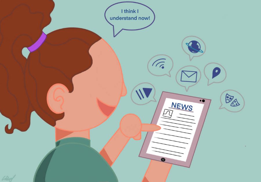 Illustration art by Emily Castillo displaying an individual searching the news on their device, learning ways in which to absorb news and the best ways to receive important information.