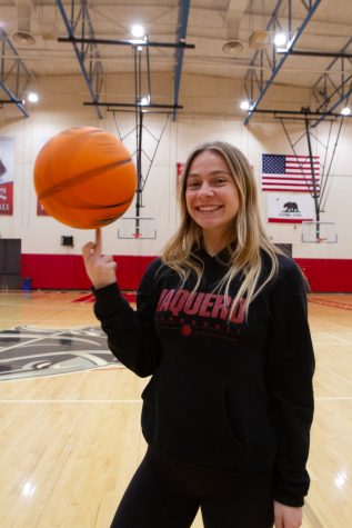 Sophmore Brianna Jacobs spins the ball in the Sports Pavillion in Santa Barbara, Calif. Jacobs was named to the 2022-23 Western State Conference North Division All-Conference Team.