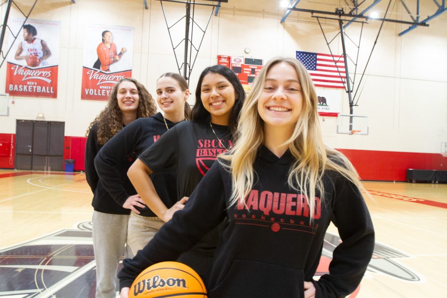 From front to back; Brianna Jacobs, Janet Arias, Isabella Jensen Williams and Isbella Favazzo smile together on Feb. 27, in the Sports Pavillion in Santa Barbara, Calif. after their last team meeting of the season. Jacobs and Jensen Williams were named to the 2022-23 Western State Conference North Division All-Conference Team.