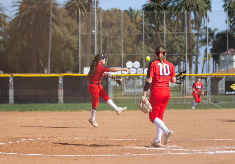 Jessica Reveles, playing 2nd base for the Vaqueros, caught throwing the ball to 1st base. The played occurred during the second game of the teams doubleheader against Chaffey College on Saturday, March 6 in Santa Barbara, Calif.