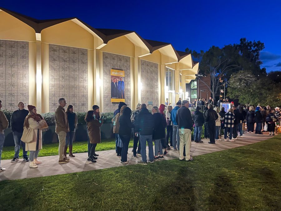 A line of people formed on March 1, 2023 on both sides of Campbell Hall at the University of California Santa Barbara in Isla Vista, Calif. People waited in the lines to hear a speech from American conservative activist Charlie Kirk.