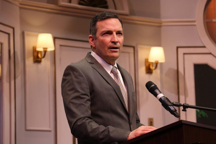 Candidate Richard Storti looks out into the audience of the Garvin Theatre during his public forum on March 15 in Santa Barbara, Calif. Storti has previously served as assistant superintendent vice president at Pasadena City College.