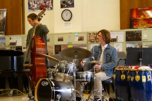 Julius Sherman plays upright bass while Ethan Fossum plays drums on Friday, Feb. 24 in their rendition of "Nardis" by Miles Davis at SBCC, Santa Barbara, Calif. They were accompanied on piano by John Douglas.