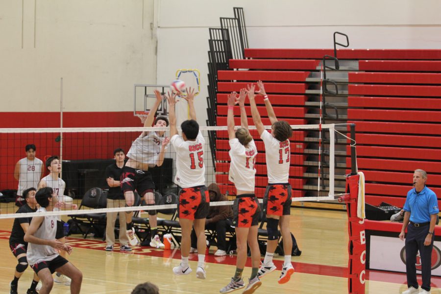 The vaqueros mens volleyball team put up a three man block against Antelope Valley College on Friday, March 17 in the Sports Pavillion at City College in Santa Barbara Calif. Head Coach Jordon Dyer explained that they’ve been instilling three man blocks a lot during practice.