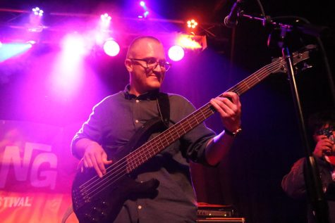 ____, the bassist of Crawdads jams out during Shabang's Battle of the Bands tour in Santa Barbara, Calif. The Crawdads are based out of Ventura, Calif.