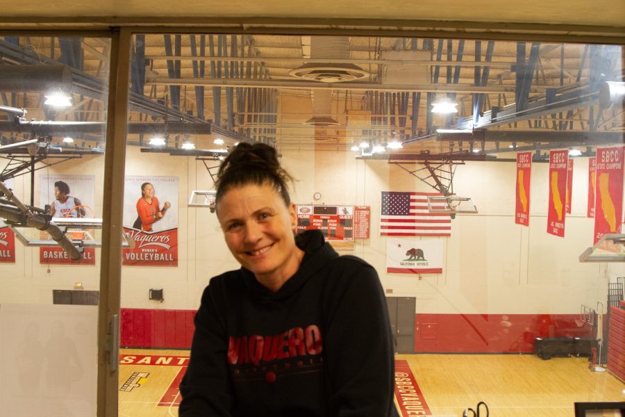 Womens basketball head coach, Sandrine Krul in her office that overlooks the basketball court on March 22 in the Sports Pavilion at City College in Santa Barbara, Calif. Kruls goal is to create a positive experience for the student athletes she coaches.