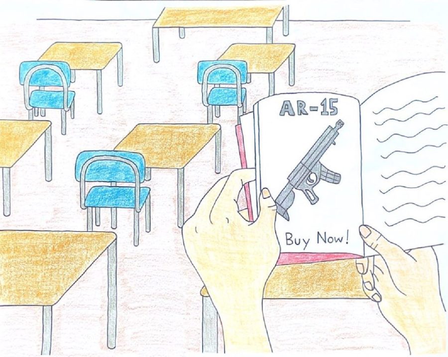 Illustration of student reading an AR-15 pamphlet in an empty classroom by Angel Corzo. 