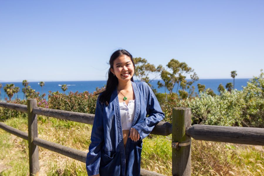 Sarah Do, honors society co-president, leans against the fence overlooking Leadbetter Beach on Thursday, April 6, at City College’s west campus in Santa Barbara, Calif. “If the semester was longer, Sarah would have created even more events for fellow honors students and the larger SBCC community,” honors program director Marc Bobro said.