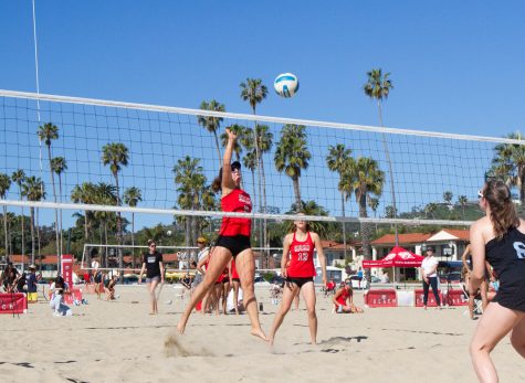 Irey Sandholdt (No. 9) and Paige Rudy (No. 12) play a match with a backdrop of palm trees. Sandholdt just up to slam the ball on Friday, April 21 at West Beach in Santa Barbara Calif.