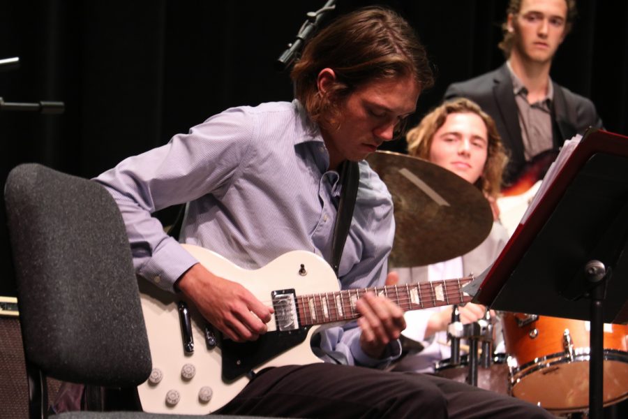 Kayne Hunter takes a solo during Lunch Breaks set at the Garvin Theater during the Big Band Blowout on Monday, April 23 in Santa Barbara, Calif. Hunter also plays guitar in the City College New World Jazz Ensemble.