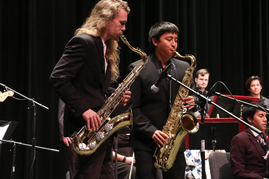 From left, Chris Fedderson and Gabriel Rangel duel over their solo during Lunch Breaks preformance of Pep-Pep on Monday, April 24 in Santa Barbara, Calif. The duo have often soloed together in past performances with City College.