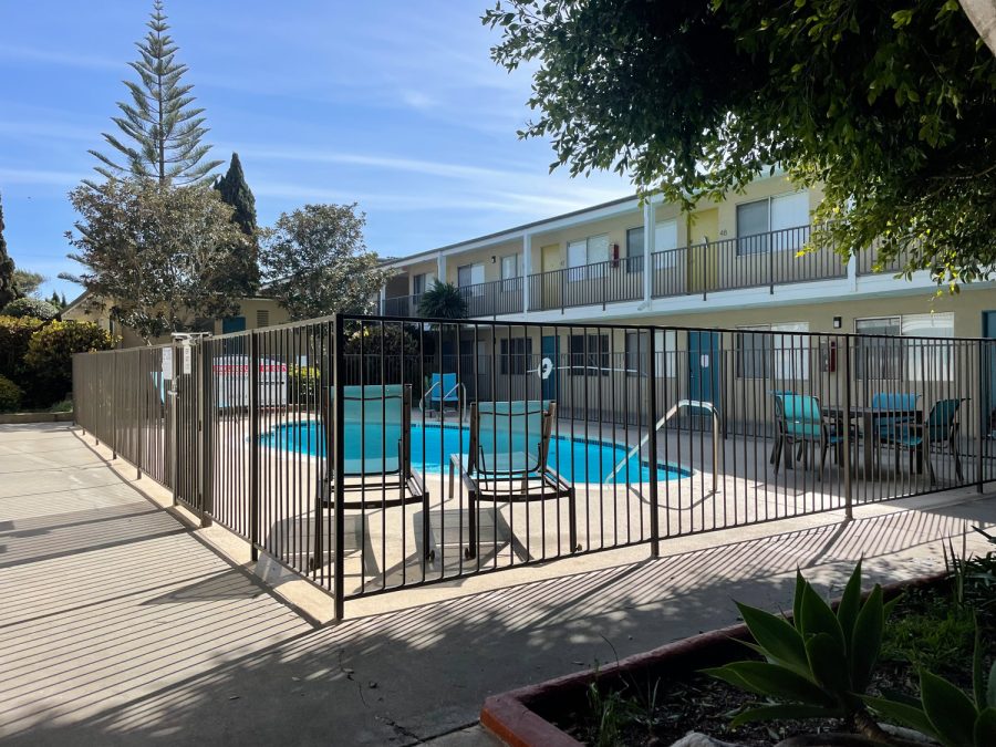 The CBC and The Sweeps pool that residents can lounge around on April 4, in Isla Vista Calif.