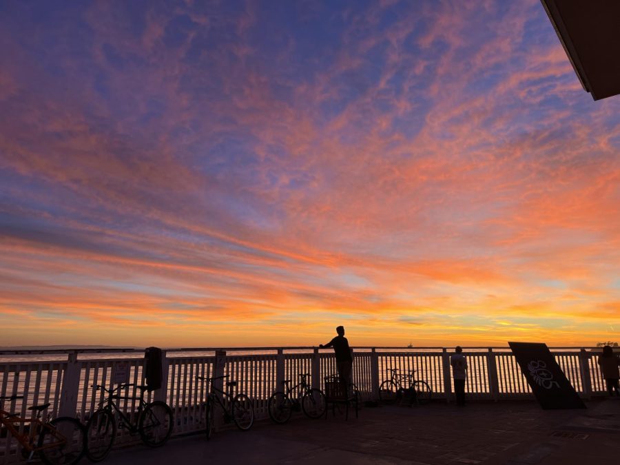 Shades of pink, blue, orange, and purple filling the sky viewed from a house on the 6600 block of Del Playa Drive in Isla Vista, Calif.