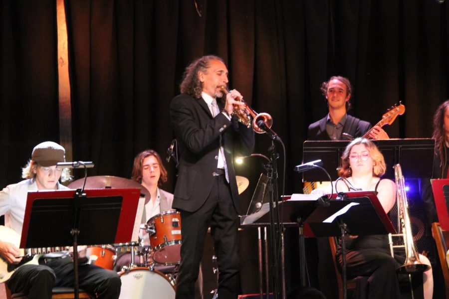 John Daversa improvises a trumpet solo on Monday, March 20, 2023, while performing at SOhO lounge, Santa Barbara, Calif. Daversa spent much of the previous week mentoring students from SBCC jazz bands before playing a show with them.