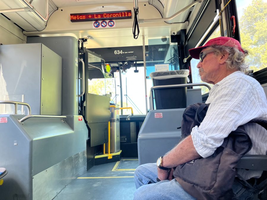 William Balice, 63, taking the bus to the dollar store on Wednesday, April 5. “The bus is great, Im glad it’s here for everyone,” Balice said.