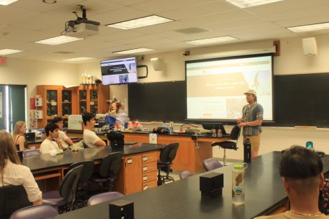 Nicolas Farnum from the Wilderness Youth Project speaks in front of City Colleges Biology club on April 7, 2023 in the Earth Science building at City College in Santa Barbara, Calif.