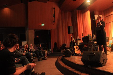 Crystal Hosea reading over the list of those who will be performing at the JAMS benefit concert hosted by City College Phi Theta Kappa on March 14 2023 in Santa Barbara, Calif Phi Theta Kappa on March 14 in Santa Barbara, Calif.