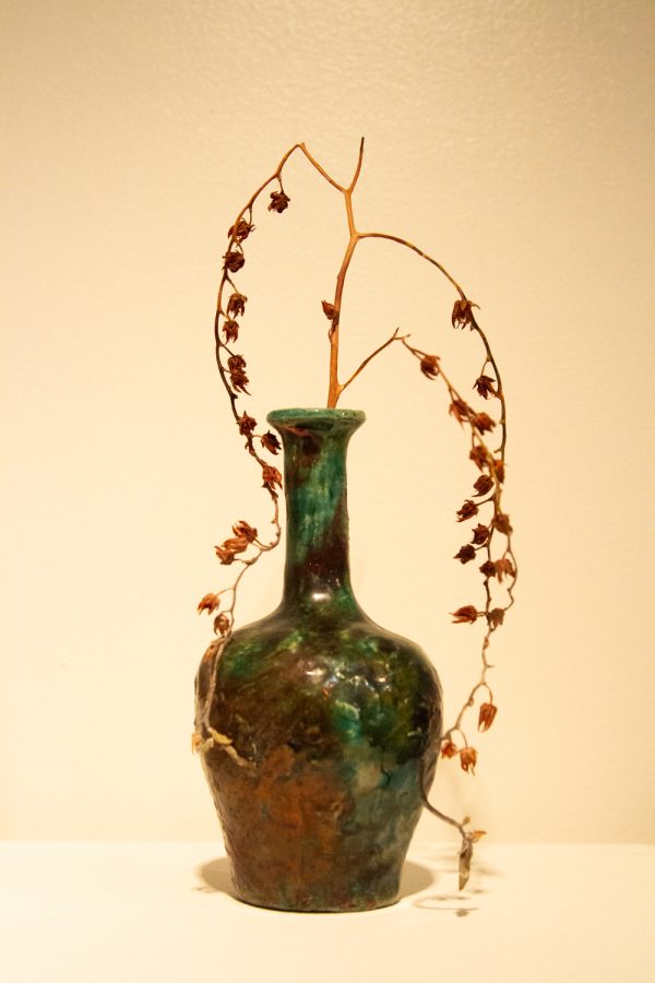An art piece created by Kathryn Crowley named “Raku Vase” displayed at the Sculptures & Skin 3 exhibition. Crowley’s piece was featured at the opening reception of the exhibition on Thursday, April 6, 2023 at the Atkinson Gallery.