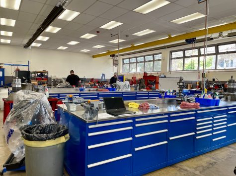 This is the Automotive and Technology programs workshop where students and instructors work together on May 3, 2023. Assignments and projects are being worked on here in the OE building at Santa Barbara City College, Calif.