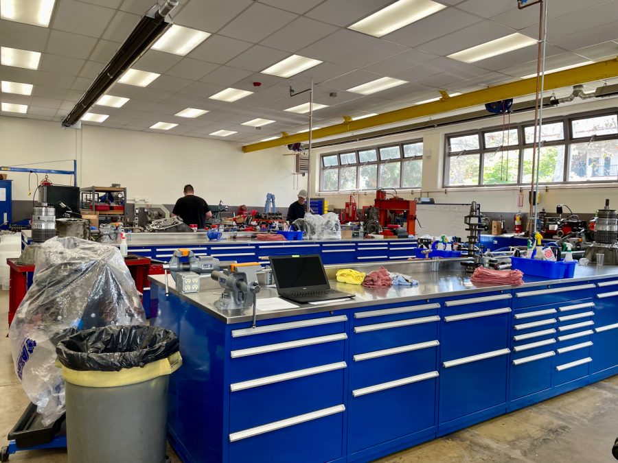 This is the Automotive and Technology program's workshop where students and instructors work together on May 3, 2023. Assignments and projects are being worked on here in the OE building at Santa Barbara City College, Calif.