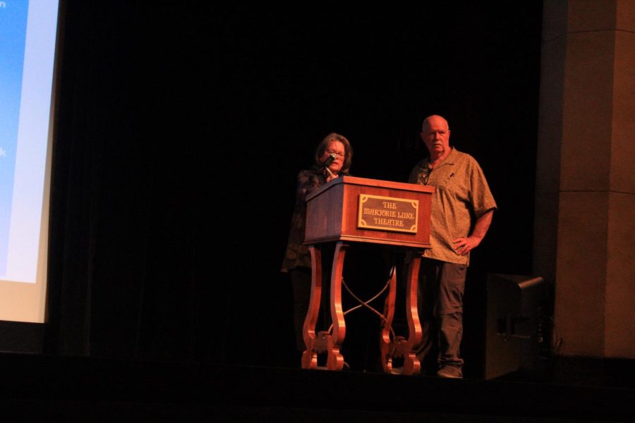 From the left stands Margie Bushman and Wesley Roe on April 27 at Majorie Luke Theatre in Santa Barbara, Calif. Both introduce the film Stewart Udall and the Politics of Beauty.