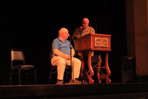 From the left sits John De Graaf, the producer of the film "Stewart Udall and the Politics of Beauty", and next to him stands Wesley Roe on April 27 at Majorie Luke Theatre in Santa Barbara, Calif. The question and answer segment had just begun.