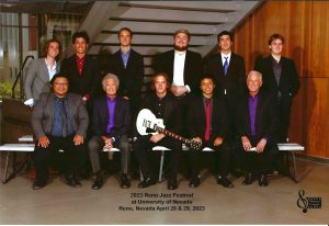 The New World Jazz Ensemble gleems after their preformance at the 2023 Reno Jazz Festival at the University of Nevada. From left, Ethan Fossum, Leo Rubio, Julius Sherman, Owen Richards Kellen Romano, Simon Blondel, Jezreel Real, Jerry Millstein, Kayne Hunter, Gabriel Rangel and Professor Ed Smith.