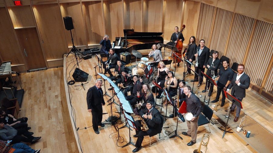 The Lunch Break Big Band poses to snap a quick photo during their recital at the Reno Jazz Festival on April 29. The band played three tunes, then received constructive criticism from the clinicians at the festival.