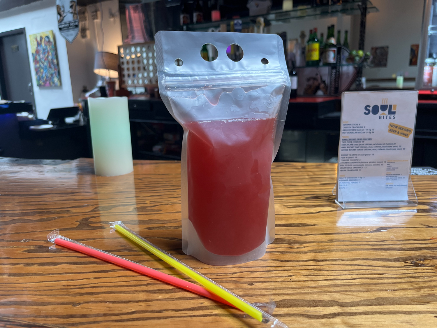 Hibiscus Lemonade was served inside a plastic pouch on Tuesday, May 2 at Soul Bites located in Santa Barbara, Calif. Soul Bites provided a to-go pouch for traveling convenience.