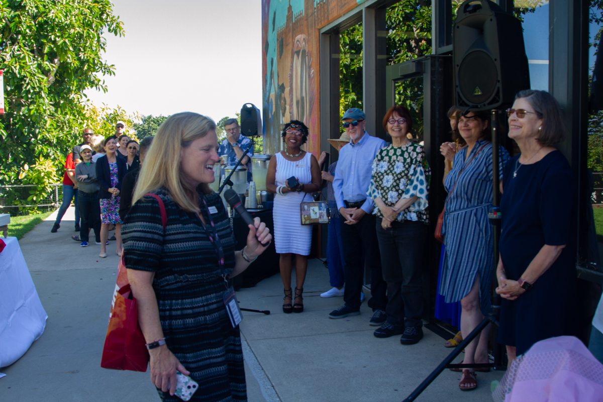 New superintendent, Erika Endrijonas says her goodbyes to Kindred Murillo on Aug. 30 at the Campus Center Umoja Mural at City College in Santa Barbara, Calif. Endriojnas began her term in July of 2023. (<a href="https://www.thechannels.org/staff_profile/sofia-stavins/">Sofia Stavins</a>)