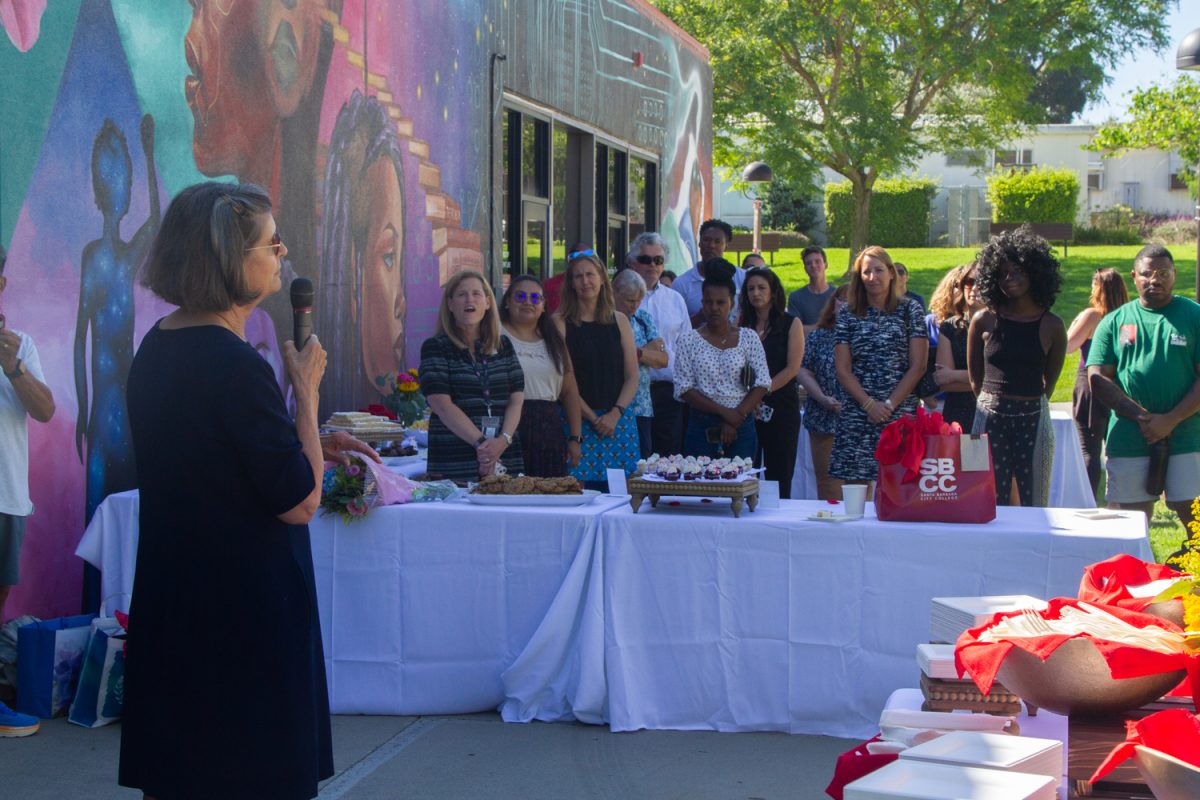 Kindred Murillo shares her takeaways from her time spent at City College to those who gathered on Aug. 30 at the Campus Center Umoja Mural at City College in Santa Barbara, Calif. Murillo was selected by the Board of Trustees in August of 2021.  (<a href="https://www.thechannels.org/staff_profile/sofia-stavins/">Sofia Stavins</a>)