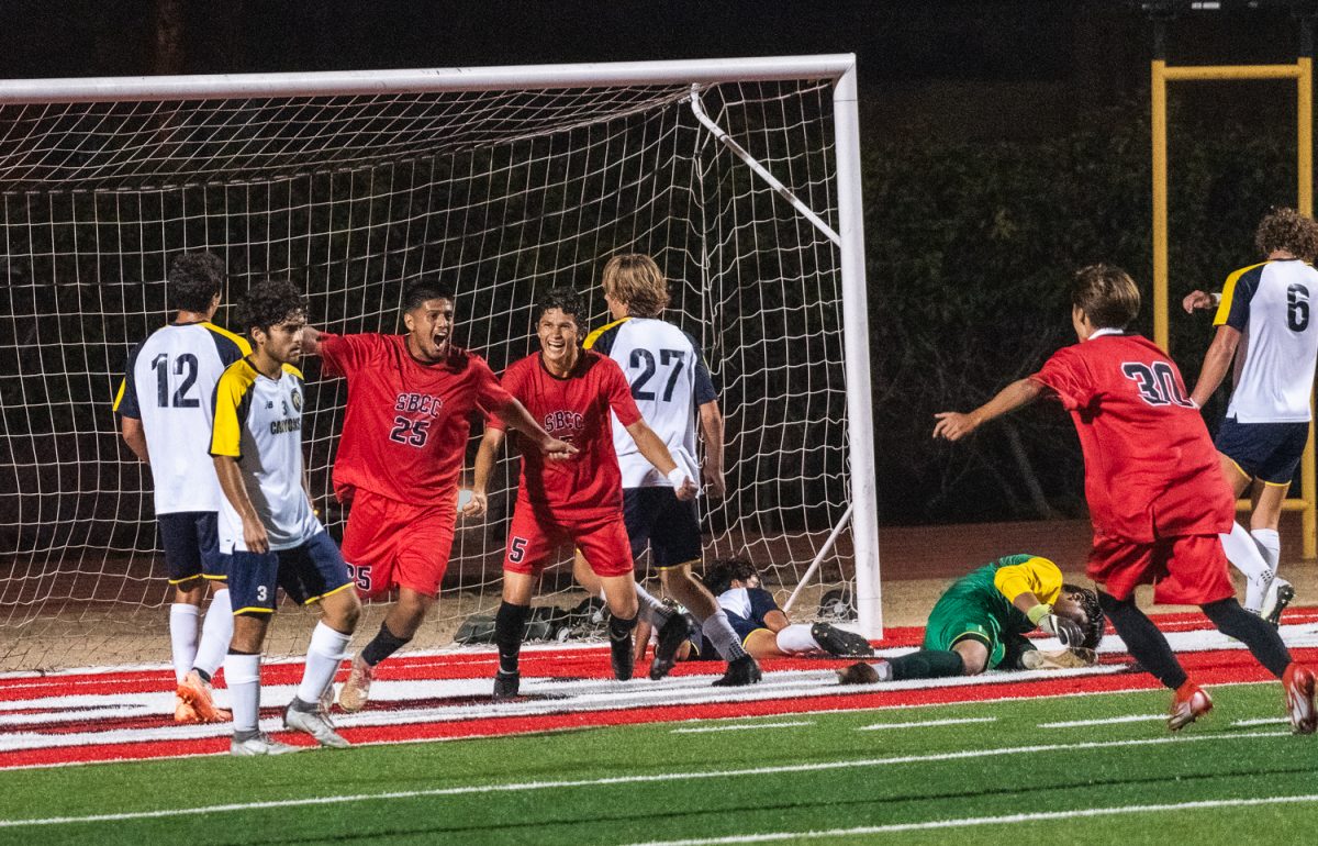 SBCC Vaqueros celabrate their secound score of the night made by Sebastain Rodriquez (no.25). SBCC won 3-0 against College of the Canyons Cougars on Tuesday September 19, 2023 in Santa Barbara, Calif.