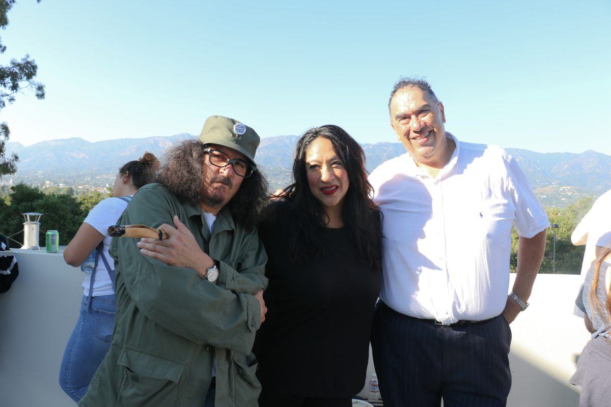 From left, Elias Serena, Susan Sarrasco and Thomas Carrasco shine after their performance at Carrascos curation of Xicana/o/x Time and Space on Wednesday, Sept. 6 at the Atkinson Gallery. The trio unite as the comedy troupe Chicano Secret Service, featuring political satire skits, prompting laughter and encores from the crowd.