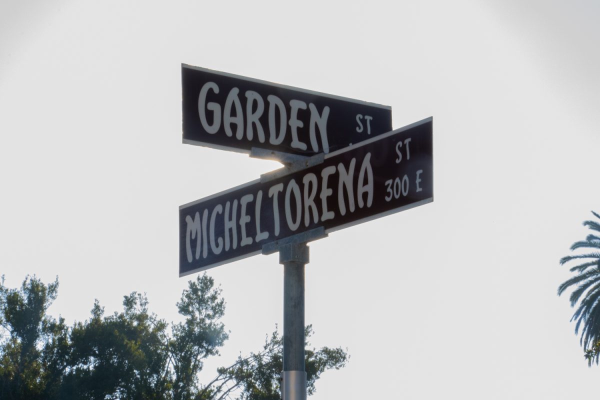 The Garden and Micheltorena street signs glow posted across from the Alameda Park on Sept. 24 in Santa Barbara, Calif. Just a week before, a rally was held outside of a former USCB professors apartment complex, after a video was released of the professor saying racist remarks.