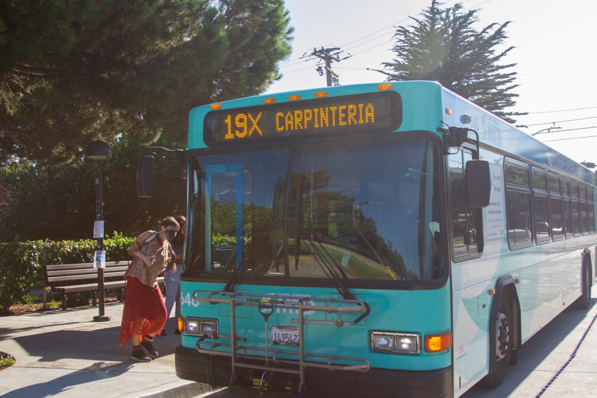 AG Gonzalez steps up to the Santa Barbara Metropolitan Transit District line 19X bus as it makes its stop heading east on Cliff Drive on Sept. 7 in Santa Barbara, Calif. The 19X is the MTDs newest edition to their lines going from Carpinteria to Santa Barbara.  