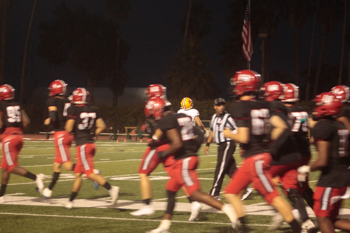 The Vaqueros run onto the field in the second half of their home opener on Saturday, Sept. 9 at City College’s La Playa Stadium. The next home game for City College’s football team will be on Saturday, Sept. 23 against Santa Clarita’s College of the Canyons.