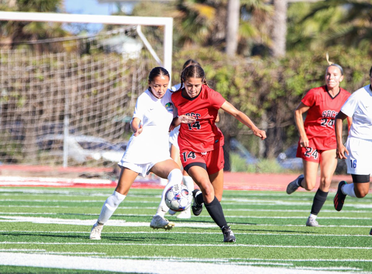Charlotte Wheeler protects the ball against her defender on Friday, Oct, 6 against Oxnard College at La Playa Stadium in Santa Barbara, Calif. After Oxnard scored the first goal, City College responded by scoring three unanswered goals to secure the win.