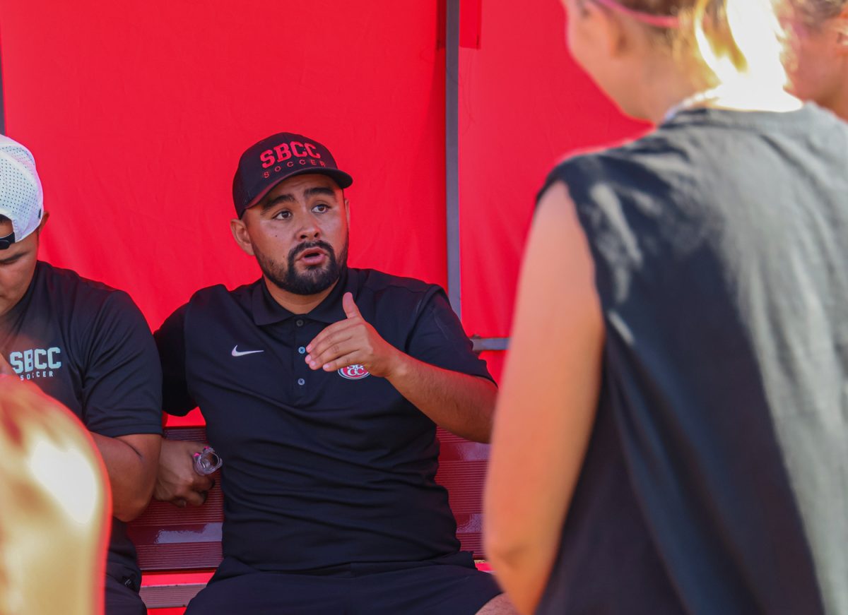 Coach Alex Zermeno gives the team a congratulatory pep talk after their win against Oxnard College on Friday Oct. 6 at La Playa Stadium in Santa Barbara, Calif. The team gave Zermeno gifts, and showed their appreciation towards him for National Coaches Day on Oct. 6.