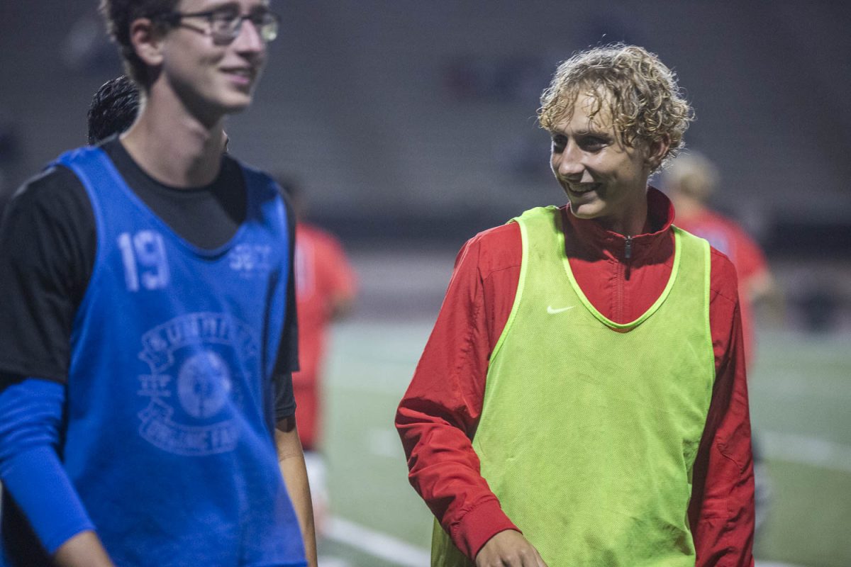 Lennart Perczynski (left) and Karl Weidenfeld (right) laugh before the Vaqueros take on the Condors on Oct. 16 at La Playa Stadium in Santa Barbara, Calif. Perczynski is originally from Lueneburg, Germany.