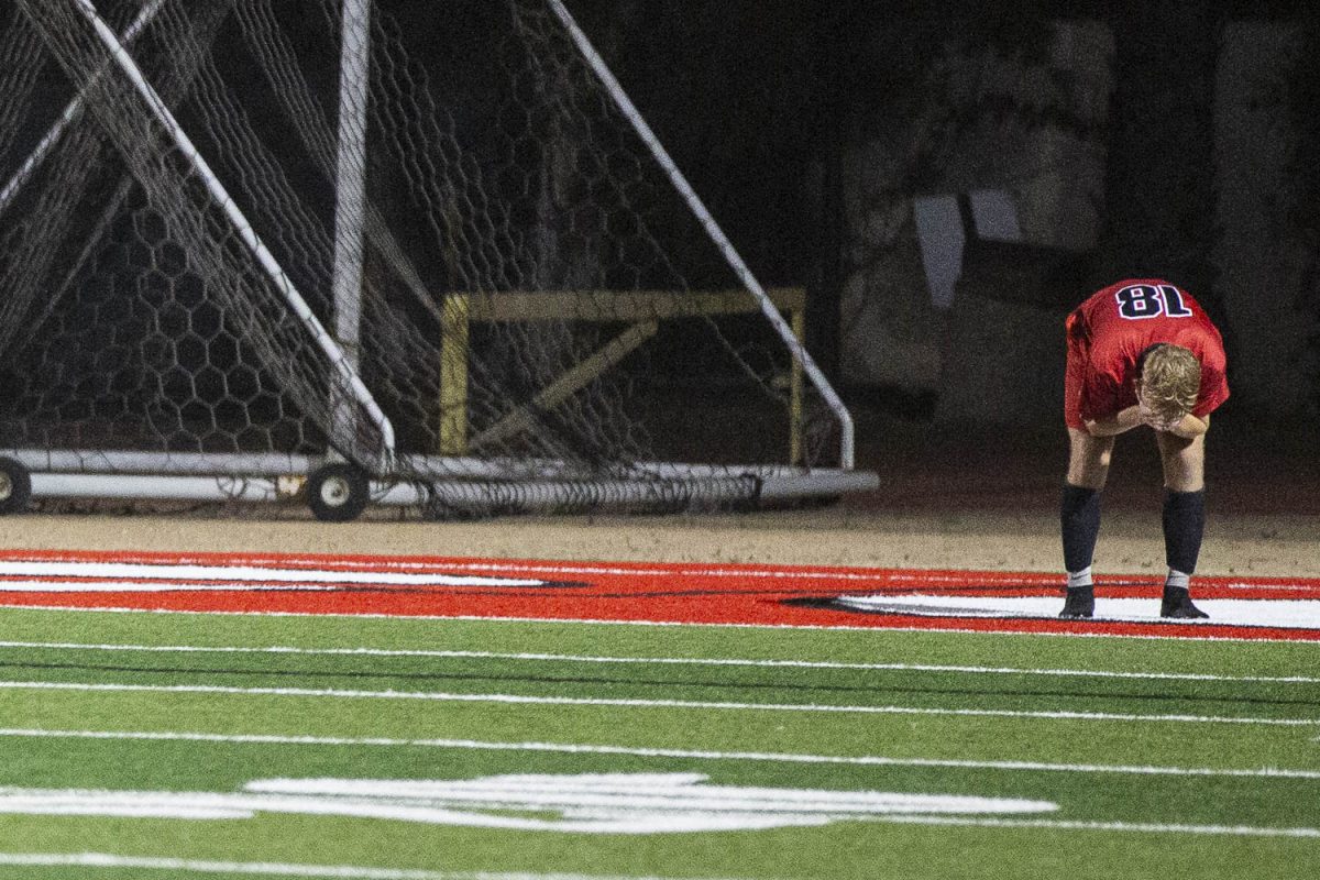 No. 18 Simon Carricaburu cups his face in his hands after the Vaqueros missed scoring a goal against the Condors on Oct. 16 at La Playa Stadium in Santa Barbara, Calif. The defender went to high school in Anchorage, Alaska.