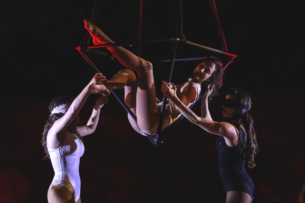 From left, Ellie Naftaly, Cindy Walker Macy, and Alison perform aerial stunts during the Seance performance and Victorian Masquerade presented by Music of Ghost on Nov. 4 at the SBCAST creative space in Santa Barbara, Calif. Original music was composed by UCSB graduate, composer and aerialist Alysia Michelle James.