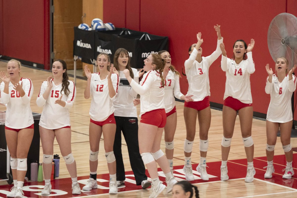 City College Vaqueros cheer on their teammates from the sidelines during their match against Ventura College Pirates on Nov. 3 in the Sports Pavilion at City College in Santa Barbara, Calif. The Vaqueros are in a tie for first place in the WSC Conference with one game left.