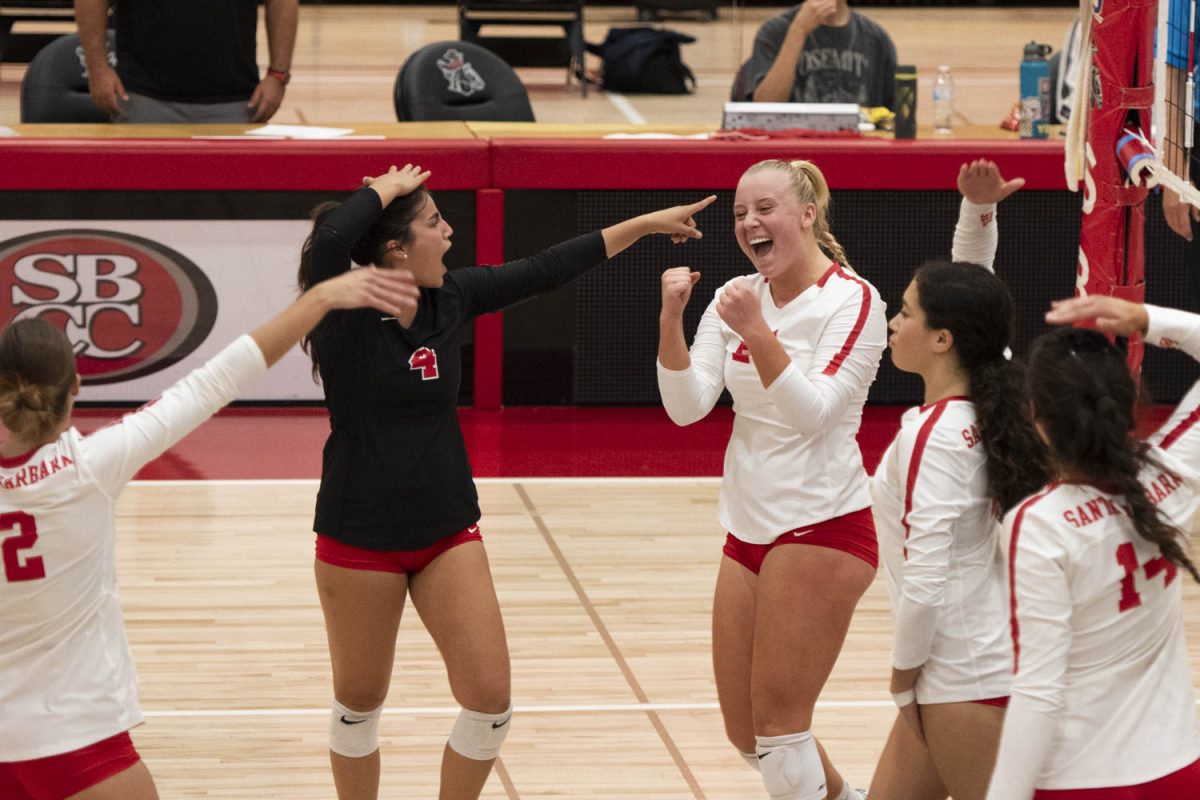 Vaqueros teammates celebrate point scored by Brooke Alexander (center-right) on Nov. 3 in the Sports Pavilion at City College in Santa Barbara, Calif. Alexander is a City College freshman from Corona, Calif.