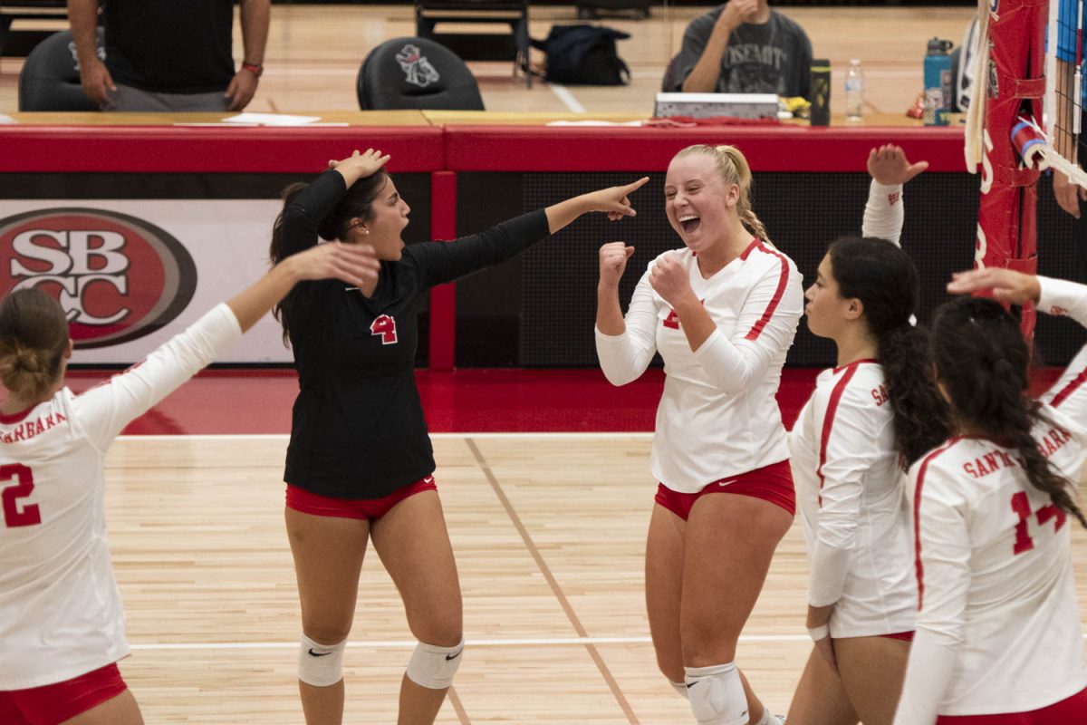 Vaqueros+teammates+celebrate+point+scored+by+Brooke+Alexander+%28center-right%29+on+Nov.+3+in+the+Sports+Pavilion+at+City+College+in+Santa+Barbara%2C+Calif.+Alexander+is+a+City+College+freshman+from+Corona%2C+Calif.