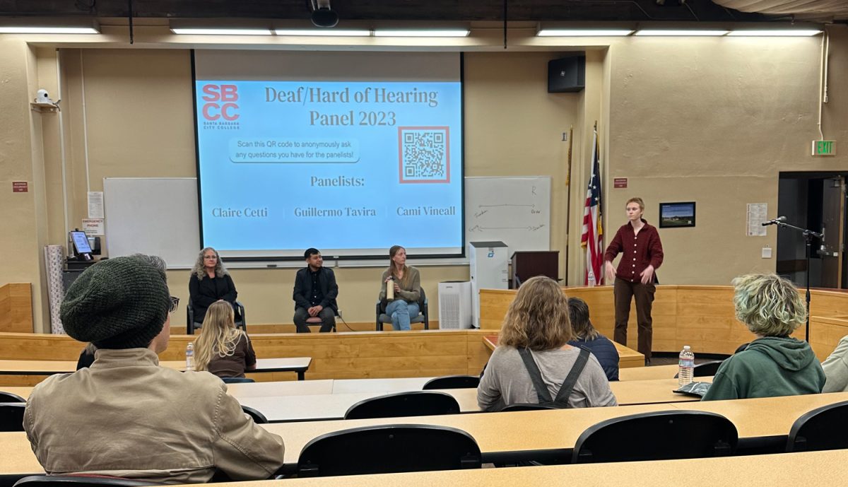 The panelists at the deaf and hard of hearing panel answer Q-and-As on Nov. 27 at City College in Santa Barbara, Calif. The panelists discussed their lifestyles and struggles, and how the community can better fill the gaps. 
