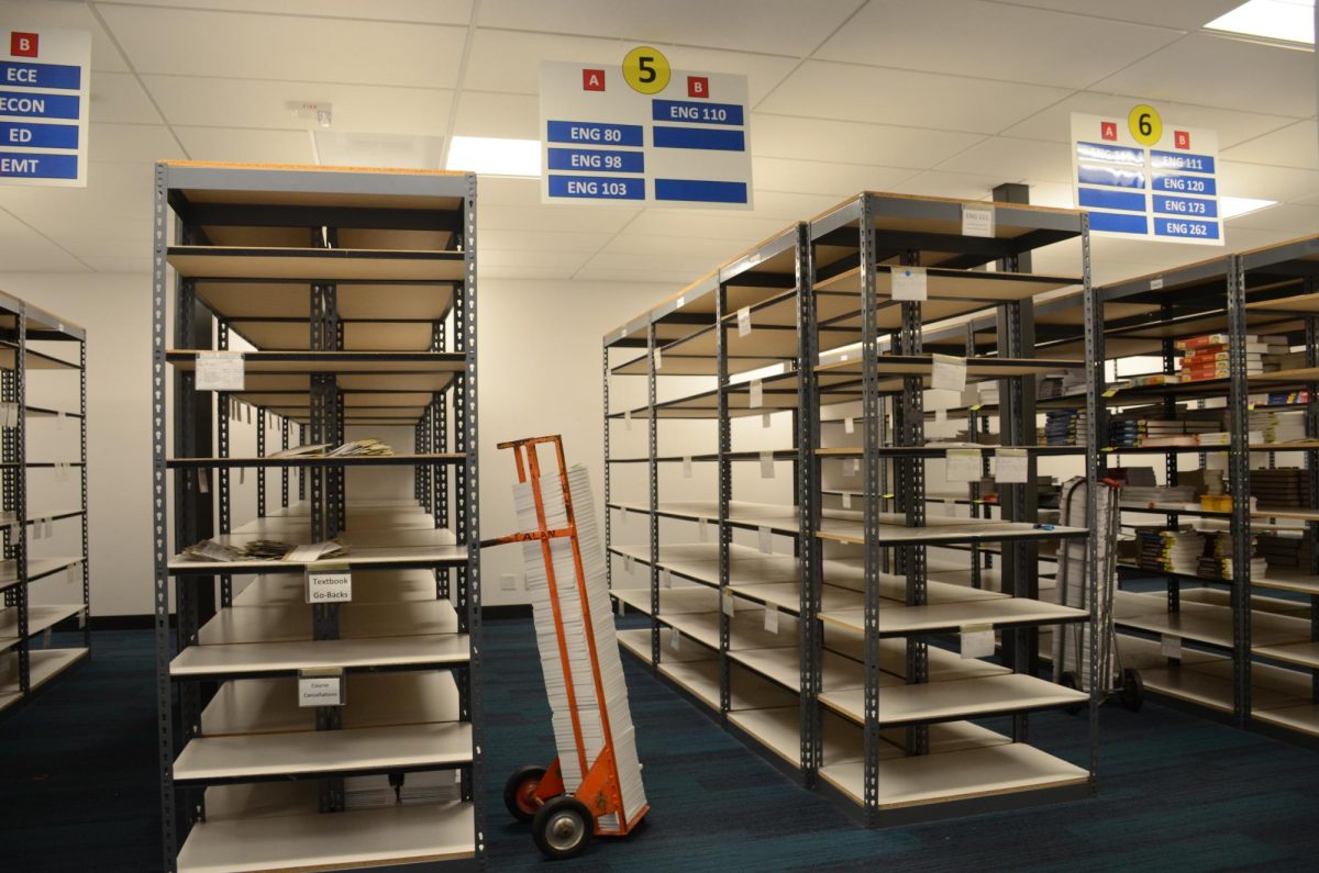 Books are being removed from and replaced on the shelves of City Colleges campus store on Wednesday, Dec. 6 in Santa Barbara, Calif., in anticipation on Follett Higher Education taking over textbook sales. Follett has agreed to buy City Colleges remaining textbook stock at a reduced price.