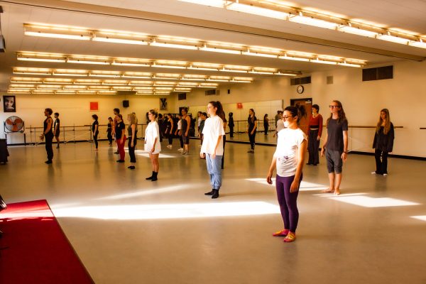 Dance Director, Tracy Kofford, starts warm ups at Santa Barbara City College for Beginning Modern Dance on Nov. 16. Tracy has taught dance for many years at the college and has inspired many dancers throughout is career.