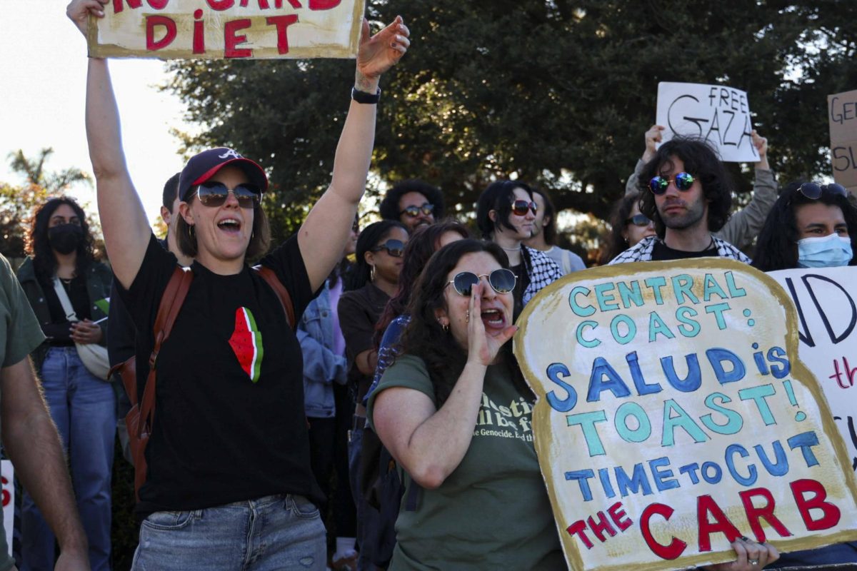 Members of UCSB Students for Justice in Palestine and Central Coast Antiwar Coalition rally together on Feb. 10, at the corner of Hollister and Storke Road in Goleta, Calif. "Gaza Gaza don't you cry, we will never let you die!" the two groups wailed.